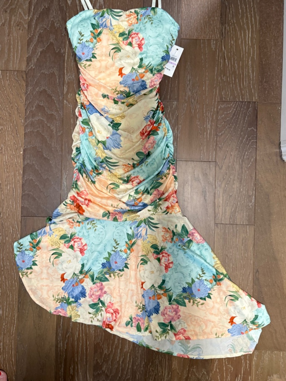 Siena Studio Pastel Floral Asymmetrical Strapless Dress